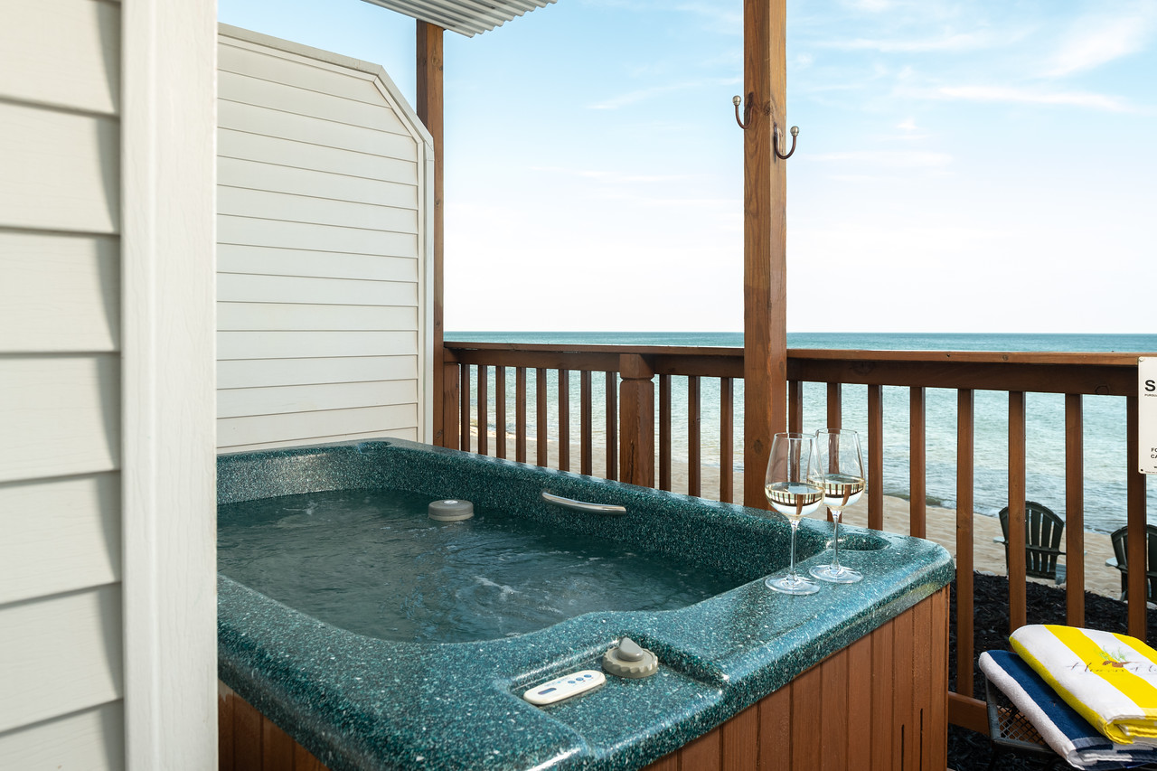 Private outdoor hot tub with Lake Huron views